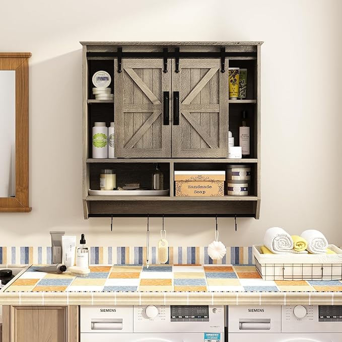 RUSTOWN Farmhouse Bathroom Wall Cabinet,3-Tier Rustic Wood Wall Mounted Cabinets,Vintage Medicine Cabinet with Sliding Barn Door and Adjustable Shelves,Over The Toilet Storage Cabinet (Washed Oak)