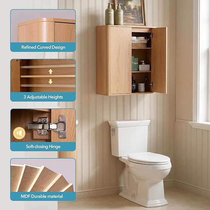 VANIRROR Wall Mounted Bathroom Cabinet, Premium Medicine Cabinet with Safe Rounded Edges, 2-Door Wood Storage Organizer with Adjustable Shelves for Laundry, Kitchen