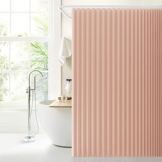 Jubilantex Folding Linen Shower Curtain for Bathroom Pink Waterproof Shower Curtain 1 Panel with 14 Metal Grommets and 1 Tie Back for Hotel,70"x70"