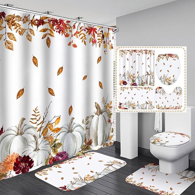 Drydiet 4 Pcs Fall Shower Curtain Sets 71 x 71 in Thanksgiving Autumn Non Slip Rugs Toilet Lid Cover Bath Mat and 12 Hooks Fall Bathroom Shower Curtain for Thanksgiving Harvest Farmhouse Home Decor
