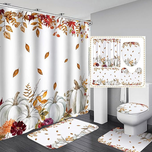 Drydiet 4 Pcs Fall Shower Curtain Sets 71 x 71 in Thanksgiving Autumn Non Slip Rugs Toilet Lid Cover Bath Mat and 12 Hooks Fall Bathroom Shower Curtain for Thanksgiving Harvest Farmhouse Home Decor