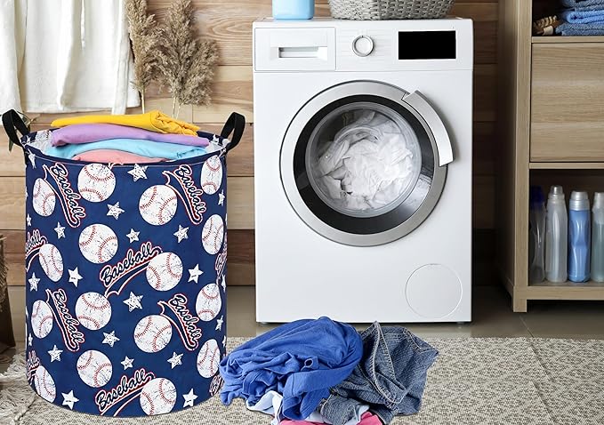 Round Baseball Pattern Laundry Hamper Clothes Storage Basket Fabric Storage Hamper Organization Storage Bin, Nursery Box,Gift Basket with Handles