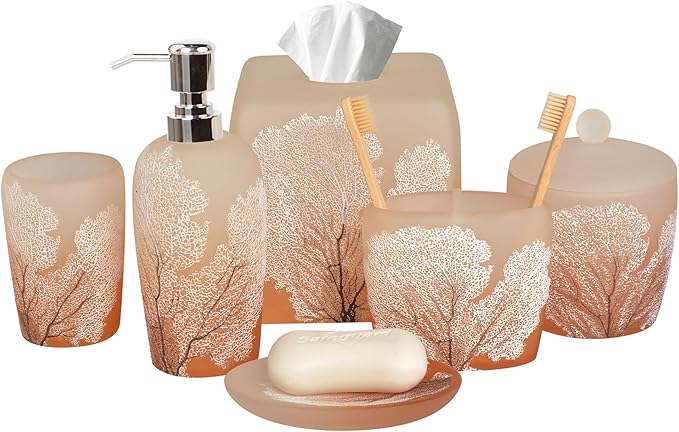 Decozen Bathroom Accessories 6Pcs Set, Soap Dispenser, Toothbrush Holders, Tumbler, Soap Dish & Cotton Swab Jar – Modern Bathroom Decor, Modern Farmhouse Decor, Countertop Accessories, Orange