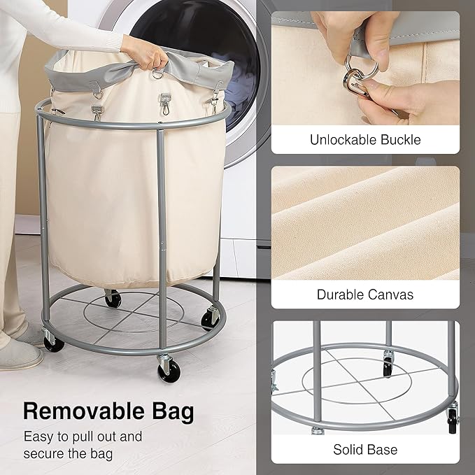 STO STO Rolling Laundry Hamper with Wheels – 185L (48 Gallon) Extra Large Industrial Clothes Laundry Basket with Removable Bag, Round Cart Sorter for Bedroom, Hotel, Beige & Gray