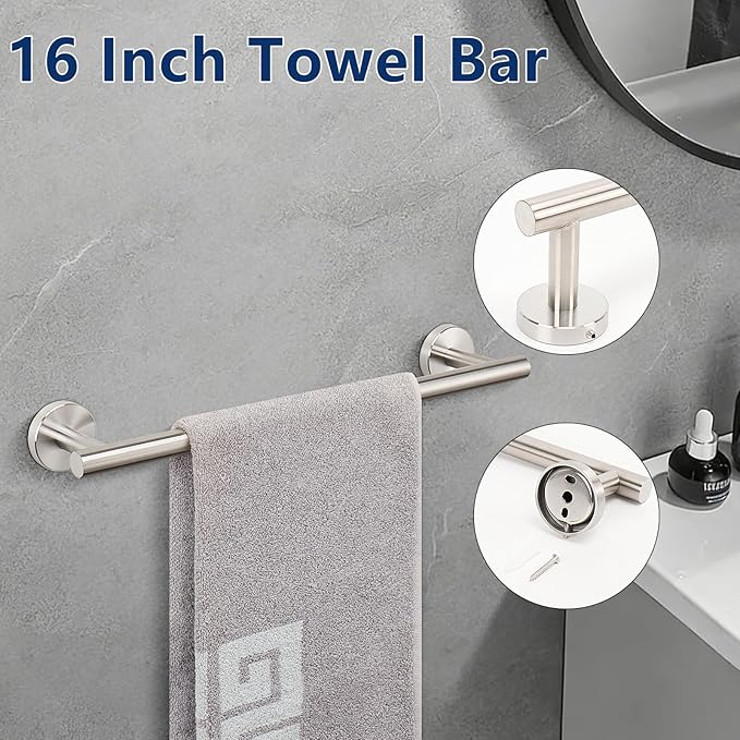 NearMoon Bathroom Accessories Set 6 Pieces, SUS304 Stainless Steel Bathroom Hardware Set, Shower Towel Rack for Kitchen, Towel Holder Wall Mounted (16 Inch, Brushed Nickel)