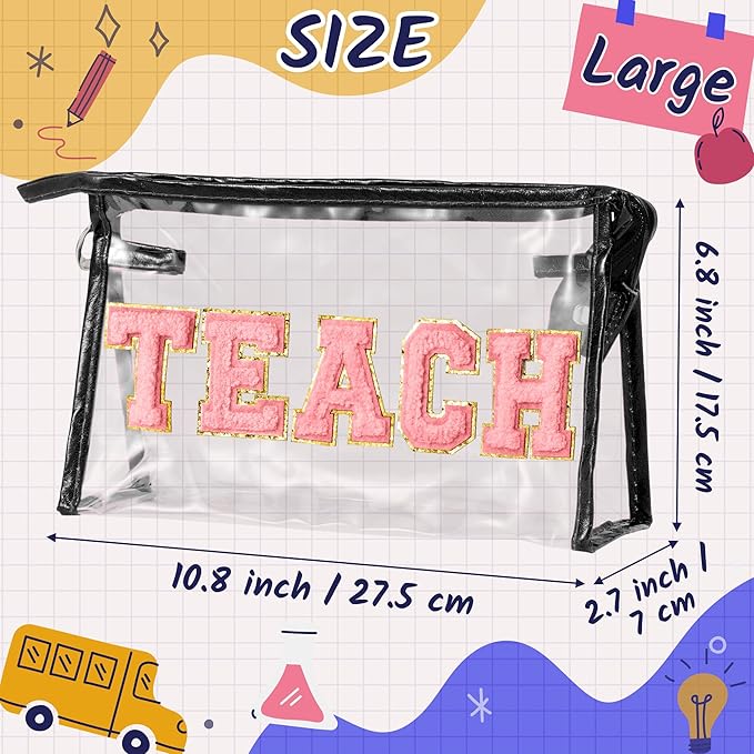 CY2SIDE TEACH Clear Makeup Bag - Pink TEACH Letter Patch Cosmetic Bag with Handle for Travel PVC Zipper Clear for Toiletries Waterproof Portable Travel Organizer Teacher Appreciation Gifts, Black