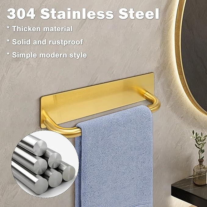 Livabber Self Adhesive Hand Towel Holder- 304 Stainless Steel Hand Towel Bar for Bathroom Kitchen Stick on Wall, Towel Ring No Drilling, 9 Inch (Gold)