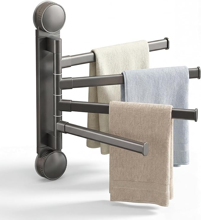 Aluminum 4-Arm Towel Bar - Suction Cup Towel Rack, Swing Out Rustproof Towel Racks for Bathroom & Kitchen, Space Saving