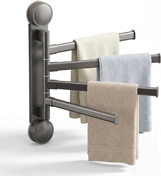 Aluminum 4-Arm Towel Bar - Suction Cup Towel Rack, Swing Out Rustproof Towel Racks for Bathroom & Kitchen, Space Saving