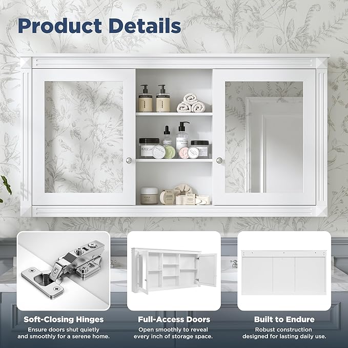 Merax Bathroom Medicine Cabinet with Mirror Door & Adjustable Shelf, 55" x 28" Wall Mounted Bathroom Storage Cabinet with Mirror, Over The Toilet