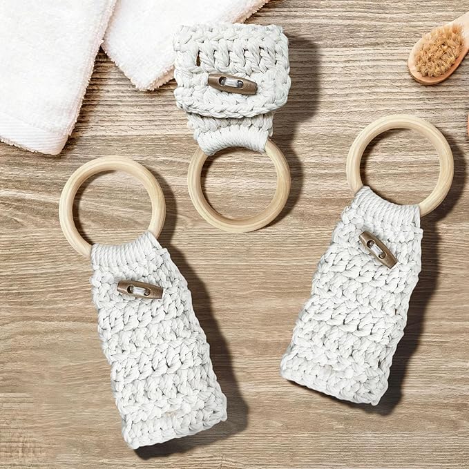 Aerbee Macrame Towel Holder Ring, 3PCS Kitchen Towel Hooks for Kitchen & Bathroom, Decorative Boho Style Kitchen Oven Towel Hanger Woodren Loop Ring, Suitable for Home Kitchen Bathroom, White