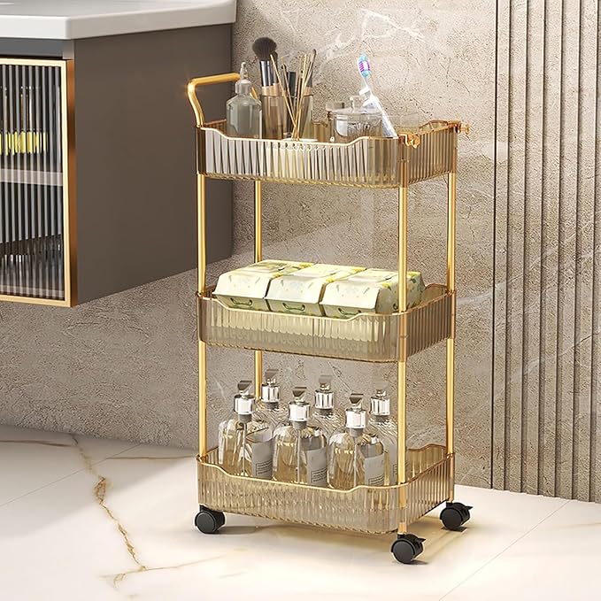 Acrylic Storage Trolley, Laundry Room Organization Mobile Shelves Bathroom Kitchen Rolling Utility Cart with Handle and Lockable Wheel(Gold,14.1x10.2x27.1inch)