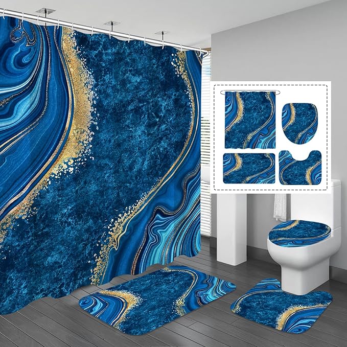 Gibelle 4 Pcs Luxury Marble Shower Curtain Set with Non-Slip Rugs, Toilet Lid Cover and Bath Mat, Gold Foil Blue Bathroom Decor Set with Shower Curtain and Rugs and Accessories