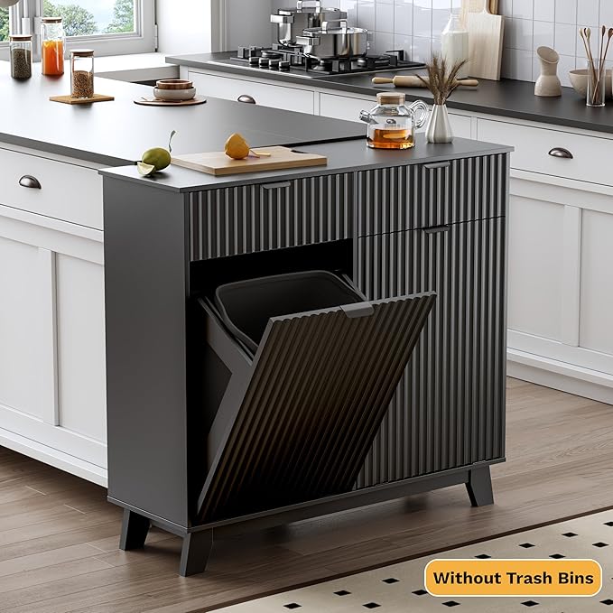 Double Tilt Out Laundry Hamper Cabinet, 20 Gallon Wooden Trash Can Cabinet with Storage Drawers, Hidden Fluted Garbage Can Holder for Kitchen, Living Room (Black, 39.34" W x 35.83" H x 13" D)