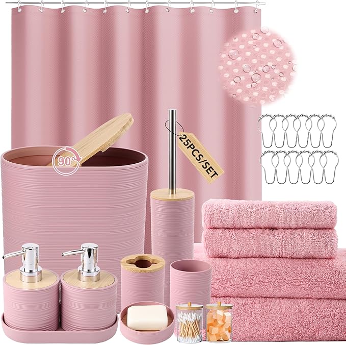 XLHOMO Pink Bathroom Accessories Set, Bathroom Sets with Shower Curtain, Bath Towel Set, Pink Shower Curtain Set with Bathroom Trash Can, Soap Dispenser, Soap Dish for Home Decor