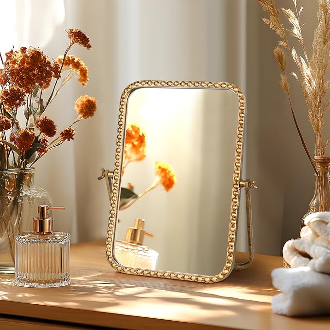 Vintage Desk Makeup Mirror, 12" L x 7.9" W Antique Gold Vanity Table Mirror, Metal Framed Rectangular Small Standing Mirrors with Beaded, 360 Adjustable Rotation for Tabletop, Bedroom
