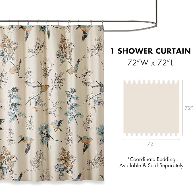 Madison Park Shower Curtain, Bird & Leaf Print, Farmhouse Shower Curtain for Bathroom, Modern Country Bathroom Décor, Machine Washable, Cotton Shower Curtain, Quincy, 72x72" Khaki
