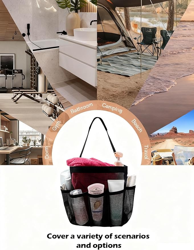 Mesh Shower Caddy Bathroom Portable College Dorm Essentials for Girls Guys Shower Tote Beach Camp Travel Hanging Toiletry Bag Black