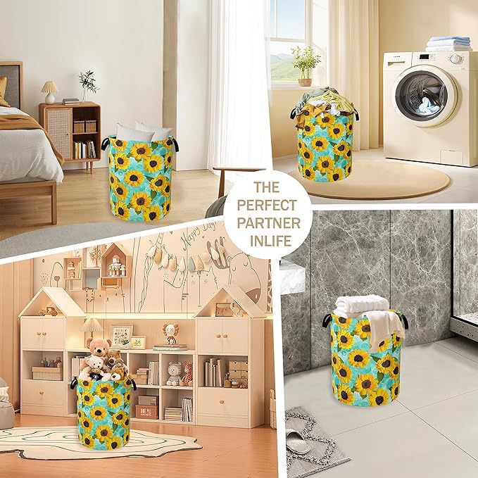 Yellow Sunflowers Laundry Hamper,Summer Floral Clothes Hamper for Laundry,Waterproof Oxford Toy Storage Collapsible Hampers for Bedroom, Dorm Room,Bathroom,16x20 Inch
