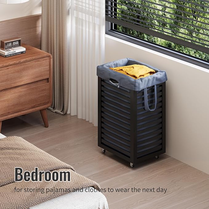 Laundry Hamper with Wheels,Rolling Laundry Basket with Removable Bag,Bamboo Clothes Hampers with Handles for Clothing, Bathroom, Bedroom, Laundry Room (Black)