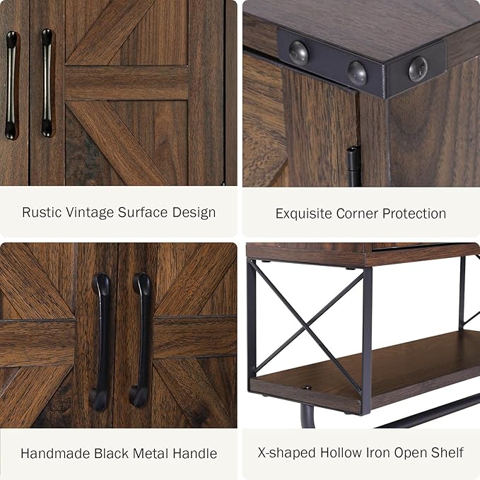 RUSTOWN Farmhouse Medicine Cabinet with 2 Barn Door,Wood Wall Mounted Storage Cabinet with Adjustable Shelf and Towel Bar, 3-Tier Bathroom Cabinet for Bathroom, Living Room(Dark Walnut, Medium)
