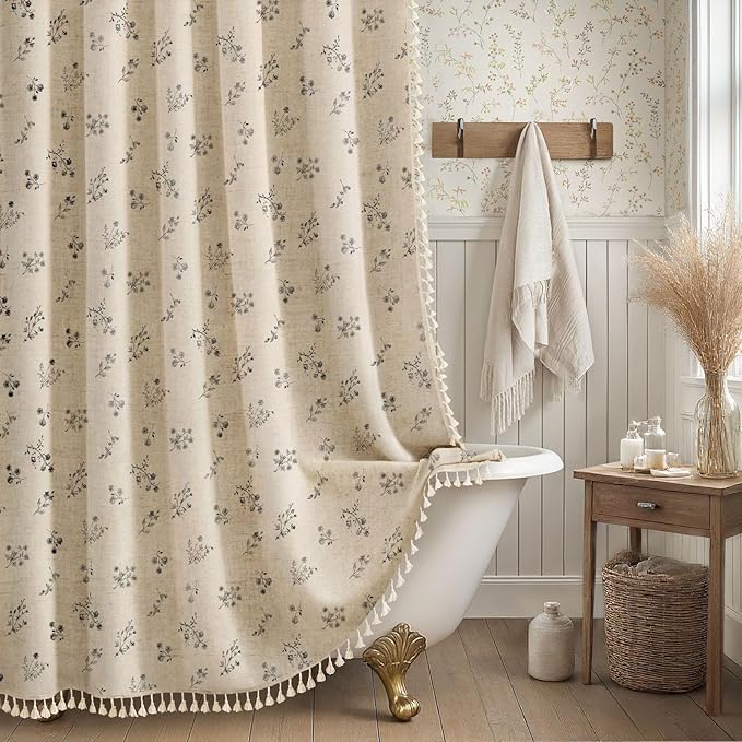 Black Floral Vintage Linen Shower Curtain, French Country Shower Curtains for Bathroom with Tassels, 72Wx72H