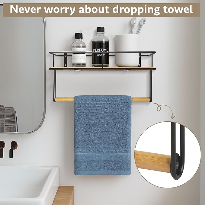 Hand Towel Holder with Wooden Shelf – Wall-Mounted Bathroom Shelf with Towel Bar - Perfect for Shower, Kitchen and Toilet - Matte Black