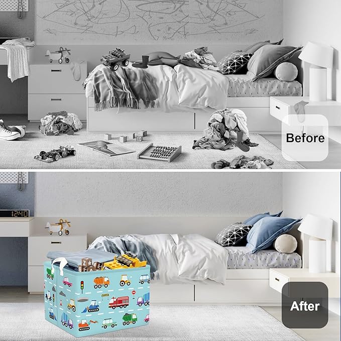 Cars Laundry Hamper Cartoon Vehicle Large Storage Basket Collapsible Parents Organizer Boy Toy Clothes Bins for Bedroom, Bathroom, Fire Engine, 36L