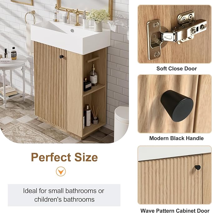 Virubi 21.6" Small Fluted Bathroom Vanity with Sink,Soft Closing Doors and Storage Shelves,Natural Wood Single Bathroom Sink Cabinet Combo Freestanding, Natural Wood