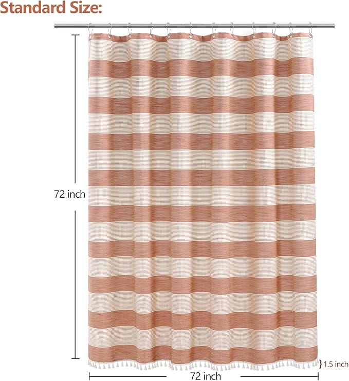 Boho Farmhouse Thick Shower Curtain with Tassels, Rustic Rusty Red Cotton Linen Soft Fabric Shower Curtain Water Repellent, Shabby Chic Heavyweight Striped Shower Curtains for Bathroom