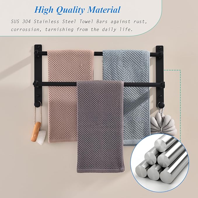 18-Inch Double Towel Rack with Hooks - Space Saving Towel Hanger, Matte Black Stainless Steel Towel bar for Bathroom Wall