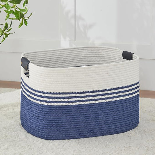 DOFASAYI Laundry Hamper - 72L Large Laundry Basket with Leather Handles, Decorative Storage Basket for Blankets - Clothes Hamper for Living Room, Bedroom, White & Blue