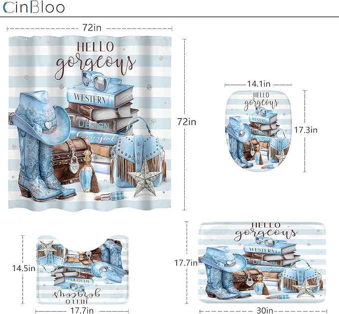 Cinbloo 4Pcs White Blue Brown Shower Curtain Set, Western Cowgirl Fashion Diamond Boots Striped Hats Bathroom Curtain with Rug, Toilet Lid Cover, Bath Mat, Women Girls Shower Curtain with 12 Hooks