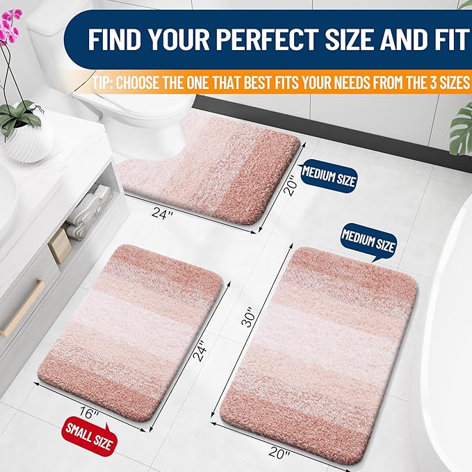 OLANLY Bathroom Rug Set 2 Piece, Soft Absorbent Microfiber Bath Mats and U-Shaped Contour Toilet Rug, Non-Slip, Machine Wash Dry, Plush Shaggy Bath Mats for Bathroom (24"x16"+24"x20", Peach)