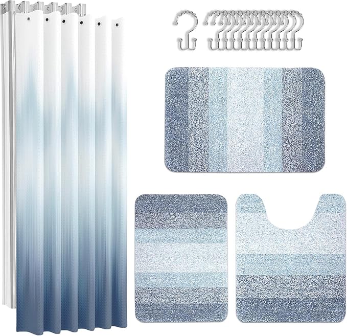 Britimes Blue Stripes Bathroom Sets with Shower Curtain and Rugs, Ombre Modern Abstract Waterproof Shower Curtain Liner and Soft Non Slip Bath Mat for Bathroom Decor and Accessories Hooks