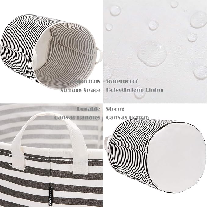 Sea Team 19.7 Inches Large Sized Waterproof Coating Ramie Cotton Fabric Folding Laundry Hamper Bucket Cylindric Burlap Canvas Storage Basket (19.7", Black & White Stripe)