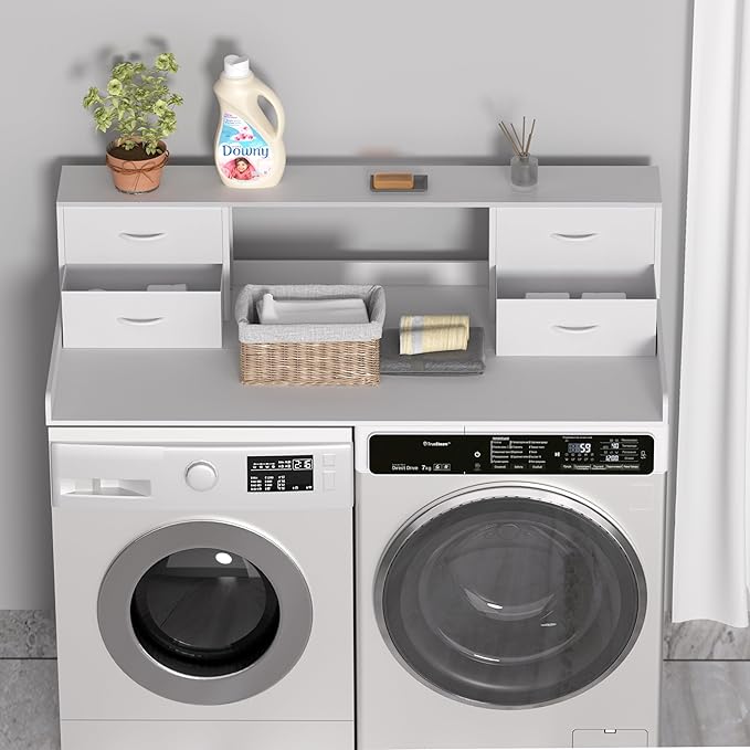 Unionly Washer and Dryer Countertop, 27.5“ D x 53.9“ W x 12.9“ H Solid Wood Washer and Dryer Countertop with Organizer Shelves with Four Drawers for Laundry Room Organization (White)