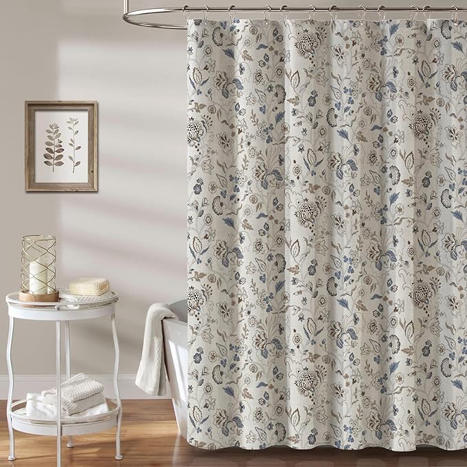 MUGINYU Vintage Farmhouse Linen Shower Curtain,Botanical Floral Toile Shower Curtain,Colorful Leaves Bath Curtains Shower,Boho Flower Plant Neutral Bathroom Decor (Vintage Flower Blue)