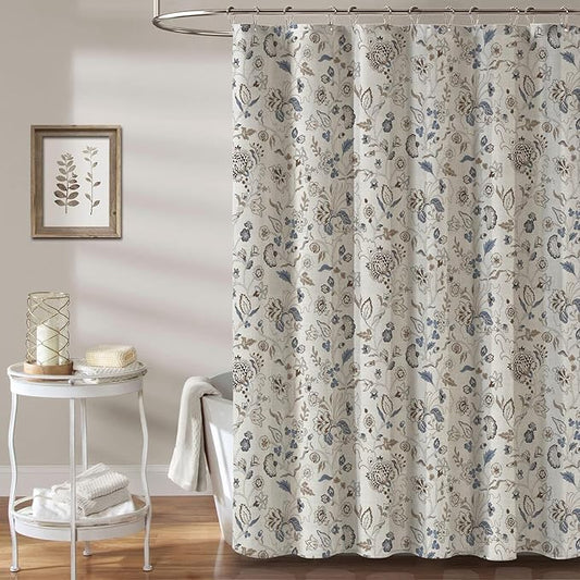 MUGINYU Vintage Farmhouse Linen Shower Curtain,Botanical Floral Toile Shower Curtain,Colorful Leaves Bath Curtains Shower,Boho Flower Plant Neutral Bathroom Decor (Vintage Flower Blue)