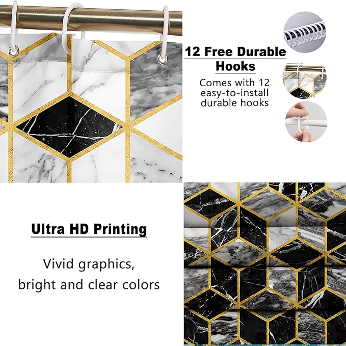 Poedist 4 Pcs Bathroom Shower Curtain Set, Honeycomb Marble Bathroom Sets with Rugs(Bath Mat,U Shape and Toilet Lid Cover Mat) and 12 Durable Hooks