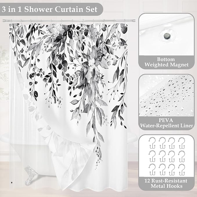 Gibelle 3 in 1 Shower Curtain Set, 72x72 Black Eucalyptus Bath Curtain and PEVA Liner Set with 12 Metal Hooks, Waterproof Fabric Bathroom Curtain