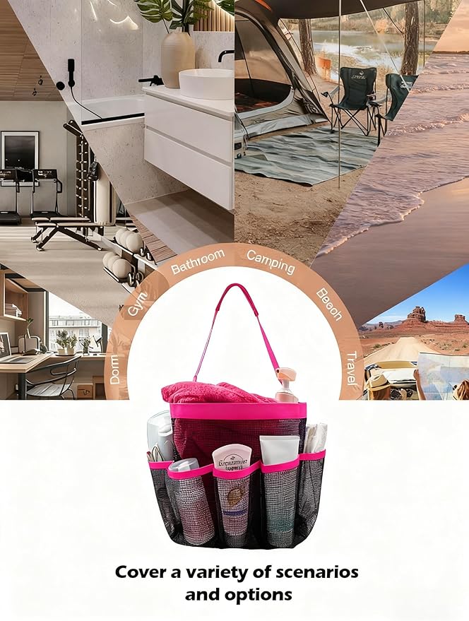 Mesh Shower Caddy Bathroom Portable College Dorm Essentials for Girls Guys Shower Tote Beach Camp Travel Hanging Toiletry Bag Rose