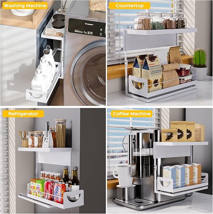 Heavy-Duty Magnetic Shelf With Pull-Out Drawers for Washing Machines, Dryers and Fridge; Height-adjustable Magnetic Shelf, Ideal for Storage in Laundry Rooms, Kitchens, and Living Rooms (White)