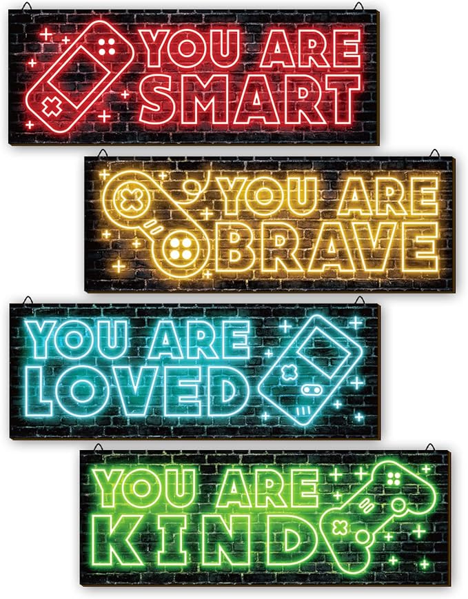 YLOLUL 4 Pieces Neon Gaming Decor for Boys Room Wooden Video Game Wall Art Print Motivational Quote Gamer Hanging Plaques Wall Decor for Boys Kids Room Bedroom Playroom Decorations, 16 X 5 Inches