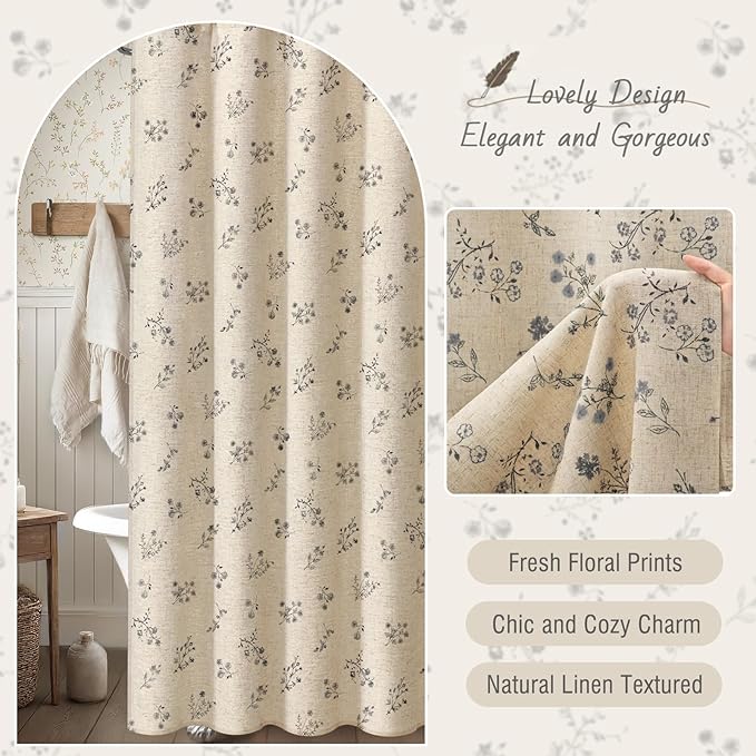 Black Floral Vintage Linen Shower Curtain, French Country Shower Curtains for Bathroom, 72Wx84H
