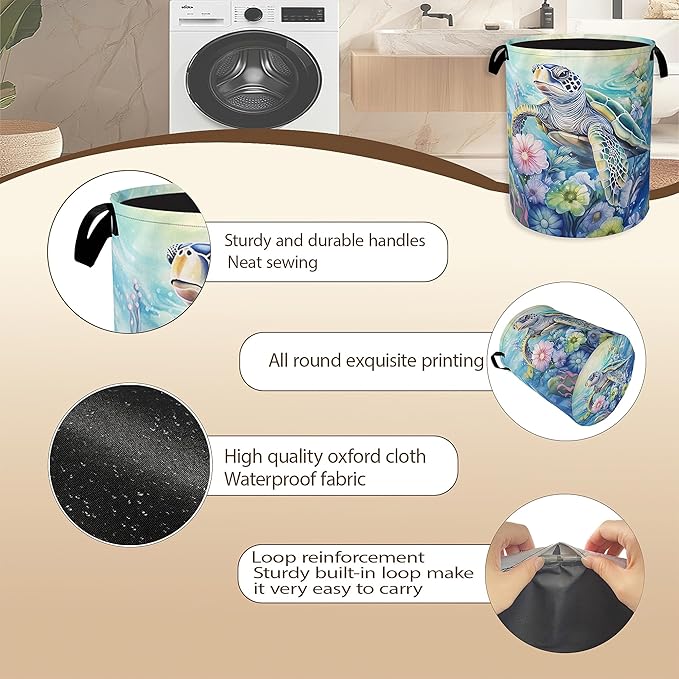 Sea Turtle Laundry Hamper,Ocean Flower Coral Clothes Hamper for Laundry,Waterproof Oxford Toy Storage Collapsible Hampers for Bedroom, Dorm Room,Bathroom,16x20 Inch