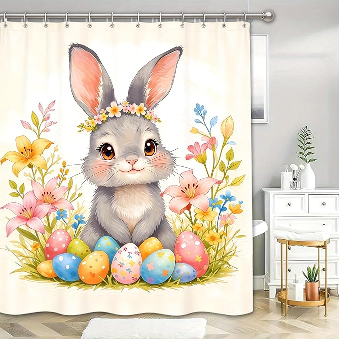 Dreamrflove Easter Bunny Shower Curtain Easter Shower Curtain Set Spring Floral Cute Rabbit Bathroom Shower Curtain Polyester Insulated Home Decor 72x72 InchHolidayDecoration