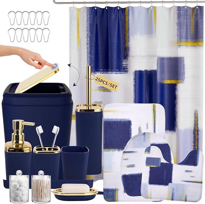 XLHOMO Bathroom Accessories Set - 25PC Bathroom Set with Shower Curtain and Rugs, Blue Bathroom Set, Bathroom Accessory Set with Press-on Lid Trash Can, Soap Dispenser and Qtip Holders
