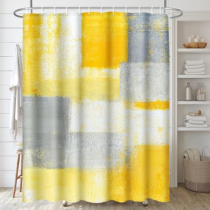 ArtSocket 4 Pcs Shower Curtain Set Yellow Grey Abstract Painting Gray Vintage Retro with Non-Slip Rugs Toilet Lid Cover and Bath Mat Bathroom Decor Set