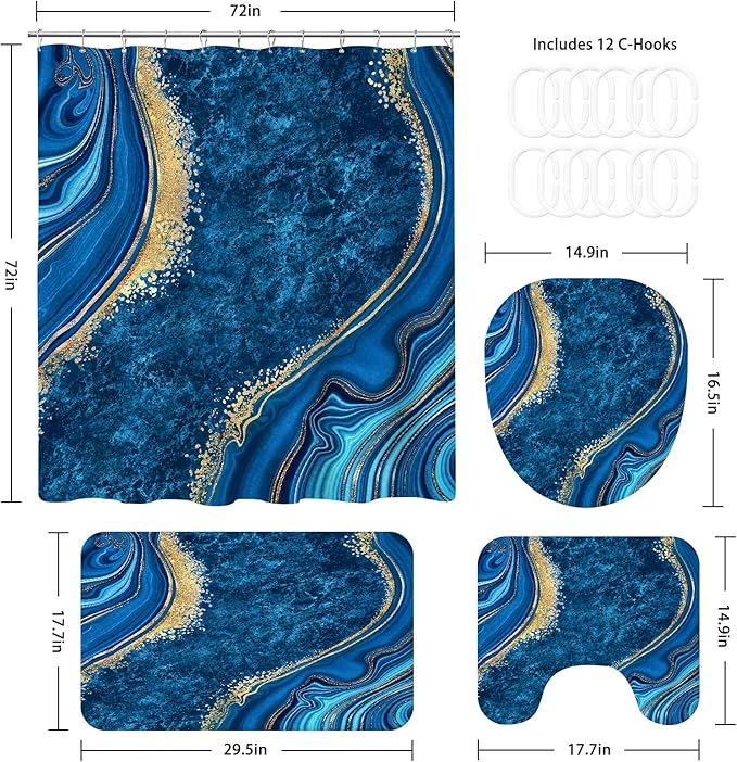4PCS Blue Gold Marble Bathroom Sets with Shower Curtain and Rugs, Abstract Shower Curtain Sets with Rugs, Modern Bathroom Curtains Shower Set with Toilet Lid Cover Accessories